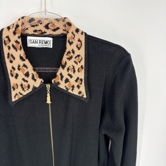 Vintage San‎ Remo by Laura Knits Leopard Print Trim Black Cardigan Size Medium - Picture 2 of 10